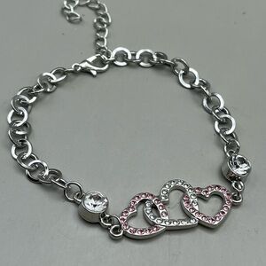 Sweetheart Charm Bracelet - Pink and Clear Rhinestones Hearts on Silver Chain